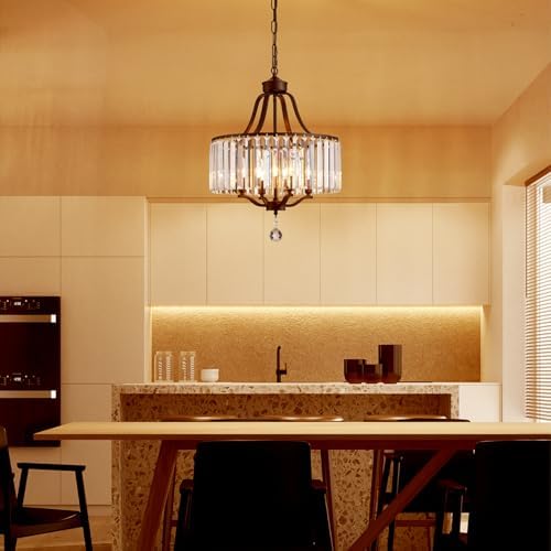 Black Crystal Chandeliers for Dining Room, 4-Light Modern Round Chandeliers 15.7" for Living Room Kitchen Hallway Bedroom Foyer Hall, Adjustable Height Hanging Light Fixture - Image 2