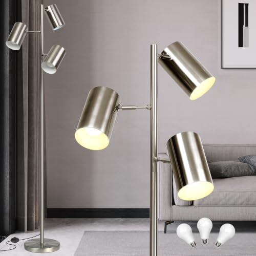 Tree Floor Lamp with 3 Light Bulbs,Nickel Standing Tall Pole Lamp with 3 Adjustable Rotating Lights,Farmhouse Floor Lamp for Living Room Bedroom Office,Vintage Standing Lamp 9W E26 LED Bulbs Included. by Ldeco