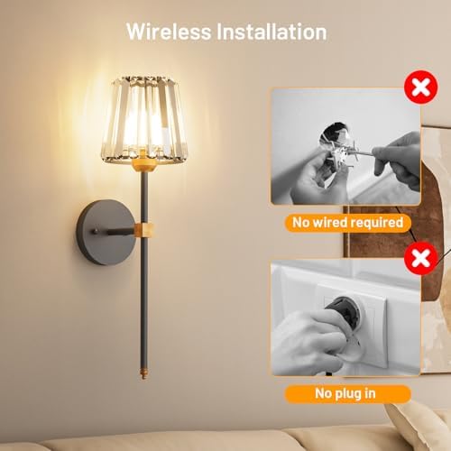Crystal Battery Operated Wall Sconces Set of 2, Black and Gold Rechargeable Wireless Wall Lights with Crystal Lampshade, 12 RGB and 3CCT Dimmable Wall Lamps with Remote for Bedroom Living Room Hallway - Image 6