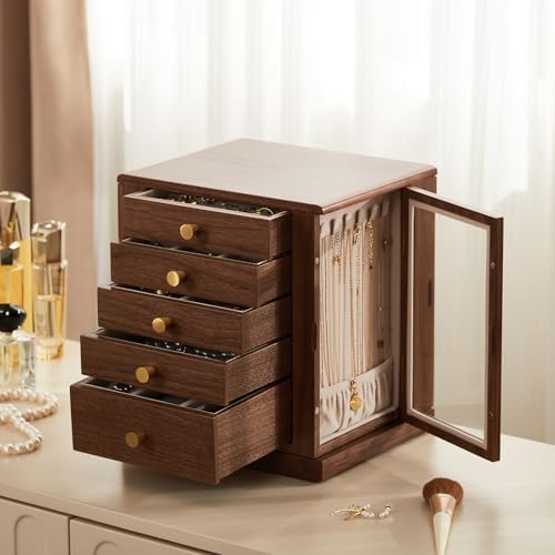 CHOSIN 360° Rotating Walnut Wooden Jewelry Box with 5 Drawers for Women - Image 5