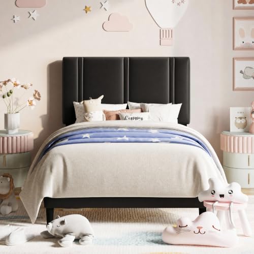 Allewie Twin Platform Bed Frame with Velvet Upholstered Headboard by Allewie