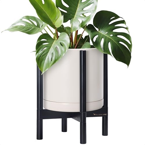 D'vine Dev Ceramic Pot with Ebony Wood Stand, Oatmeal, 12 in, 55-B-H-8 by DvineDevPlanterPotsandStand