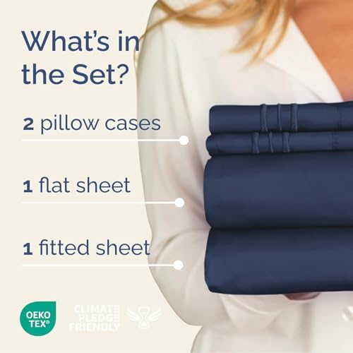 Cal King Size 4 Piece Sheet Set - Breathable & Cooling Sheets - Navy Blue - Image 2