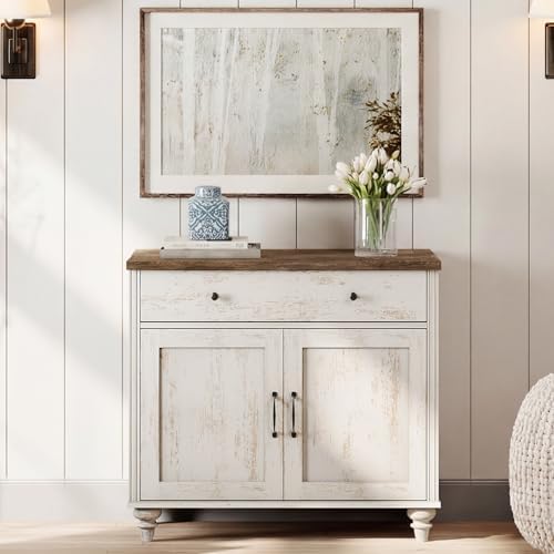 WAMPAT Buffet Cabinet with Doors & Drawer, Large Coffee Bar Table Wood Kitchen Storage Cabinets with Storage Cabinets, Modern Farmhouse Sideboard Credenza for Dining Room, Rsutic White, 34 inch - Image 6