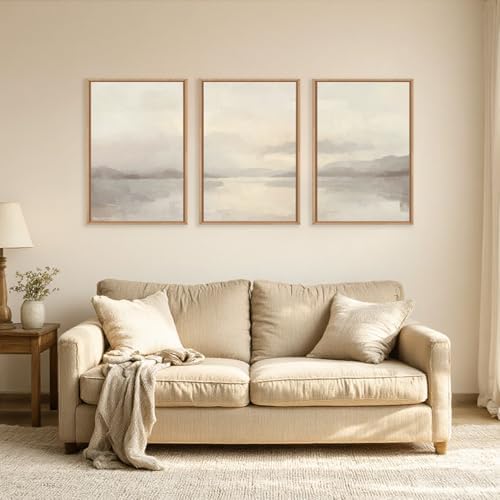 LHIUEM Large Abstract Neutral Beige Pastel Framed Canvas Wall Art,Modern Watercolor Lakes Wall Decor,Nature Mountain Minimalist Artwork for Living Room,Bedroom,Dining Room,Office-16 x24 x3 - Image 2