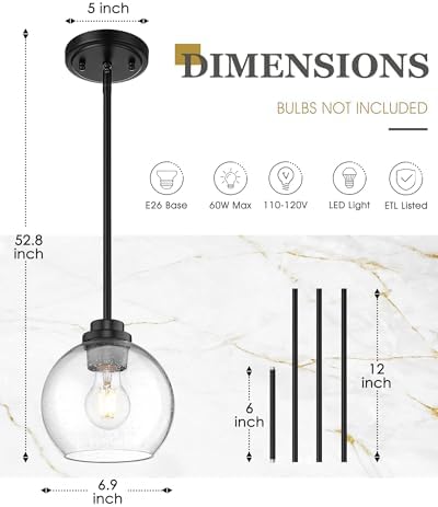 2-Pack Pendant Lights Kitchen Island, 7" Modern Black Hanging Lights Fixtures with Clear Seeded Glass Globe Shade, Kitchen Island Lighting for Bathroom, AD-22280-1P2-BK-S - Image 2