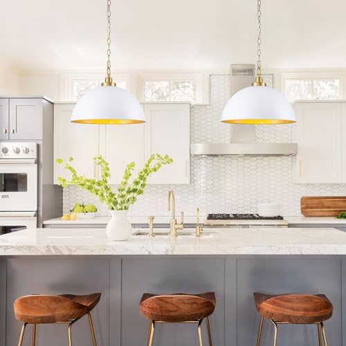 Lingkai Farmhouse Pendant Light Fixtures, 15.7" White and Gold Dome Pendant Lighting Kitchen Island, Adjustable Height Vintage Hanging Ceiling Lights for Kitchen Island Dining Room Foyer Restaurant - Image 2