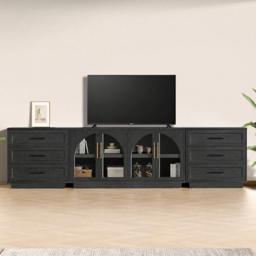 Fatmok Modular Entertainment Center & Buffet Cabinet, Extra Long Sideboard TV Stand with Arched Glass Doors, Modern Wooden Storage Cabinet for Living Room, Black Grey(EBE,3-Piece) by Fatmok