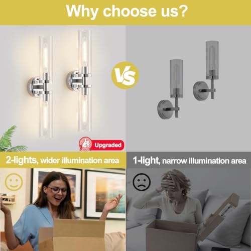 Indoi Wall Sconces Set of Two, Hardwired Chrome Bathroom Sconces Wall Lighting with Clear Glass, Modern Sconces Wall Decor Set of 2 Bathroom Light fixtures for Mirror Living Room Hallway Bedroom - Image 7