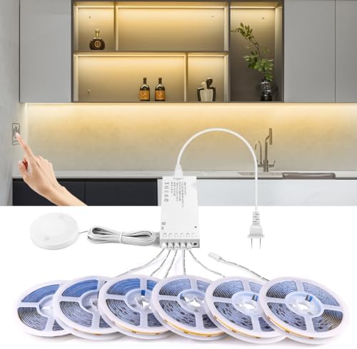 AIMENGTE 12V COB LED Cabinet Lights Strip, 6 x 3.3ft Touch Dimmable 3000K Warm White Lighting for Parallel Wood Slat Wall Panels, Display Cabinets, Wardrobes, Showcases, Shelves - Image 2