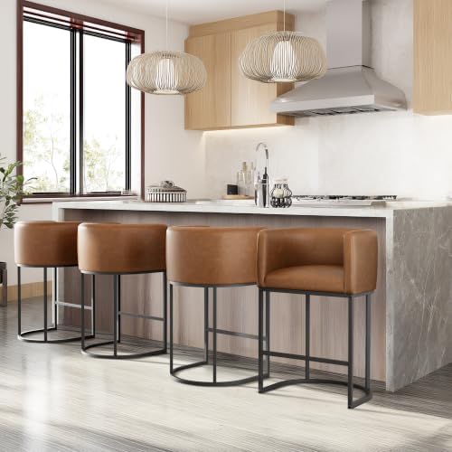Counter Height Bar Stools Set of 4, Modern Counter Stools for Dining Room, 24 Inch Barstools for Kitchen Island, Faux Leather Bar Stool with Metal Legs and Back Footrest, Brown - Image 6
