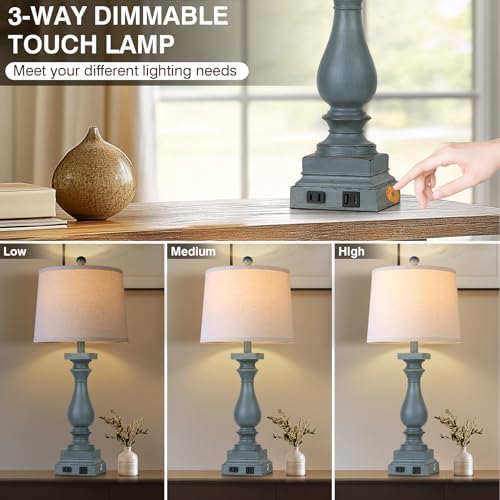 28" Tall Farmhouse Table Lamp with USB C+A Ports and AC Outlet, 3 Way Touch Control Rustic Bedside Lamp for Bedroom, Blue Vintage Nightstand Lamp for Living Room Office - Image 2