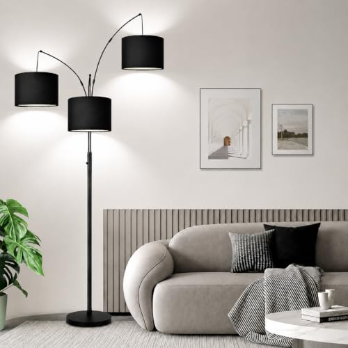 Dimmable Floor Lamp, 3 Lights Black Arc Floor Lamp, Modern Tall Standing Tree Lamp with Black Linen Shades & Heavy Base, 3000LM LED Bulbs, Bright Lighting for Living Room, Bedroom, Office & Reading by Nintiue