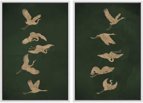 SIGNWIN Framed Canvas Print Wall Art Set Golden Cranes in Flight on Deep Green Illustrations Modern Art Rustic Colorful Ultra for Living Room, Bedroom, Office - 24"" x36 x2 White by SIGNWIN