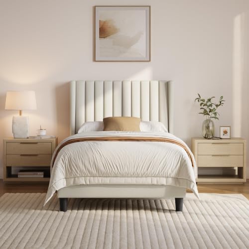 Yaheetech Twin Bed Frame with Headboard,Ivory Channel-Tufted Platform by Yaheetech
