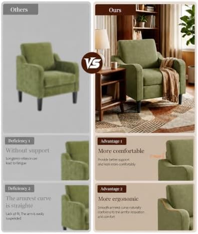 LEVELEVE Accent Arm Chair – Olive Green, Upholstered Scooped Comfy Reading Chair for Living Room, Bedroom, Apartment, Waiting Room - Image 4