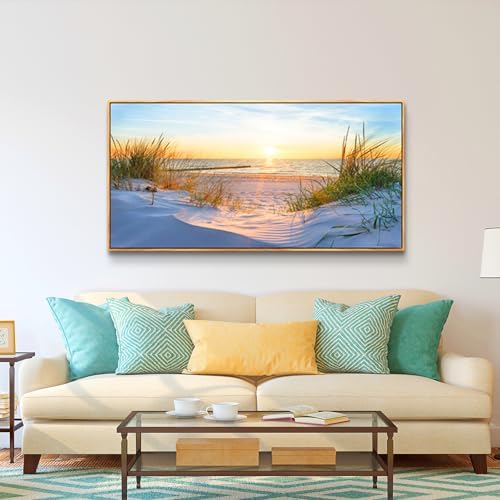 MHARTK66 Sunset Beach Wall Art for Living Room Golden Sunlight Sea Grass Dune Blue Ocean Seascape Picture HD Print On Canvas for Bedroom Office Home Decoration Framed Artwork Ready to Hang 30"x 60" - Image 3