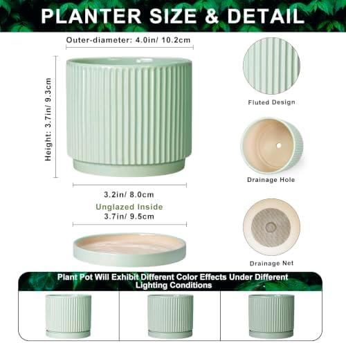 Ceramic Plant Pots, 4 Inch Pots for Plants with Tray, Mint Green - Image 2
