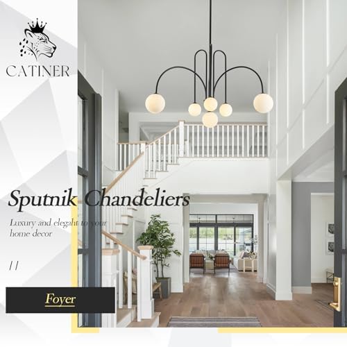 CATINER Modern 40" 6-Light Black Sputnik Chandelier with Milk Glass Globe - Image 5