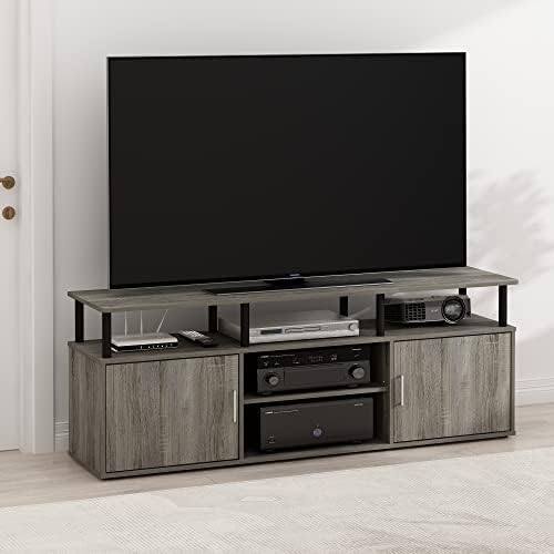 Furinno Jensen Entertainment Center Stand for TV up to 70 Inch, Plastic Pole, French Oak Grey/Black/Black - Image 3