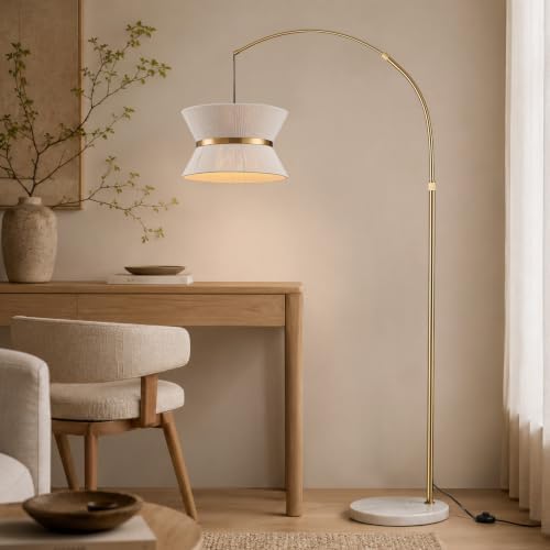 Hamilyeah Arc Floor Lamp for Living Room, 65.5 Inch Gold Arched Floor Lamp with Hand-Woven Cotton Shade and White Marble Base, Modern Over Couch Standing Lamp for Bedroom, Office, Reading Nook by HAMILYEAH