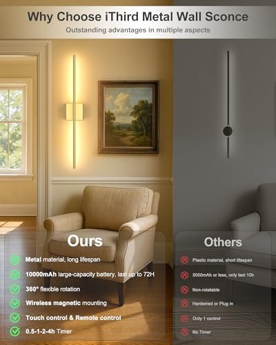 Battery Powered Wall Sconce Set of Two: Gold Wireless Rechargeable Wall Lights with Touch and Remote Control, 360°Rotatable 4CCT Dimmable Cordless Scone Lighting Decor for TV Wall Bedroom Bathroom - Image 2
