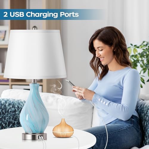 Modern Accent Table Lamp Set of 2 Touch Control, 22" Faded Swirl Blue Gray Art Glass Bedside Lamp with USB Ports, 3-Way Dimmable Hand Crafted Nightstand Lamps White Drum Shade for Living Room Bedroom - Image 3