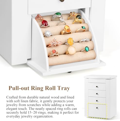 Meangood Jewelry Box Jewelry Organizer, 5-Layer Wooden Jewelry Organizers and Storage Boxes for Women Girls, Ring Earring Bracelet Necklace Holder Organizer with Mirror & Drawers (White) - Image 6