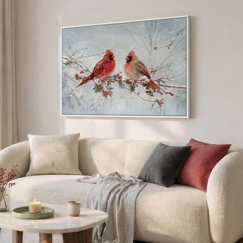 Framed Modern Red Bird Landscape Wall Art, Large Nature Animal Canvas Prints Paintings Artwork for Walls, Cardinal Farmhouse Pictures for Living Room Bedroom Dining Room Hallway Wall Decor 24x36 In - Image 2