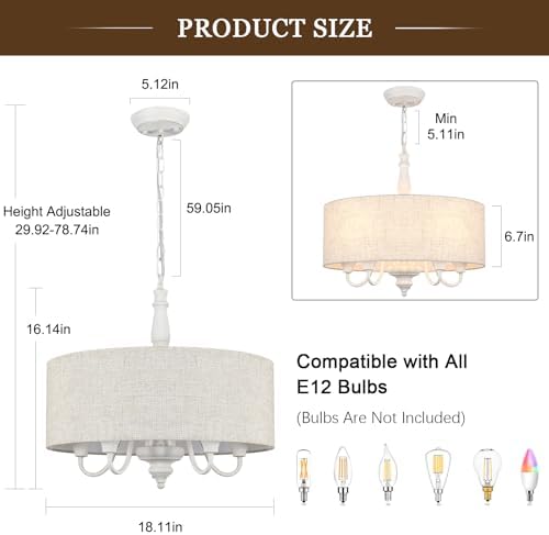 5-Light Drum Chandelier for Dining Room, 18'' Farmhouse Chandelier with Linen Shade, Round Fabric Drum Hanging Light Fixture for Entryway, Foyer, Living Room, Bedroom, French Distressed White - Image 5