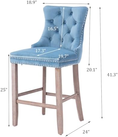 SoarFlash Modern Velvet Upholstered Bar Stools Set of 6 with Wood Legs, Button Tufted,Chrome Nailhead, Counterstool Seat, Armless Bar Chairs (Sky-Blue) - Image 2