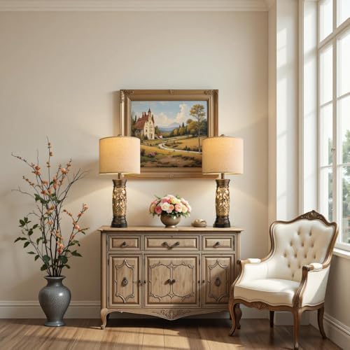 27.25" Antique Gold Table Lamps with Night Light, Bedside Lamps Set of 2 - Image 5