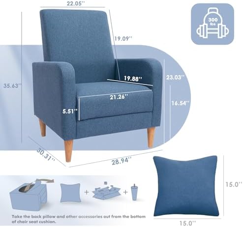 COLAMY Mid-Century Modern Accent Chair, Fabric Upholstered Living Room Chair with Back Pillow & Solid Wood Legs, Comfy Armchair for Living Room, Bedroom, Single Sofa, Blue - Image 2