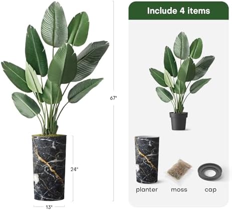Artificial Tree in Modern Granite Effect Planter, Fake Bird of Paradise Silk Trees for Indoor and Outdoor Home Decoration - 67" Overall Tall (Plant Pot Plus Tree) - Image 3