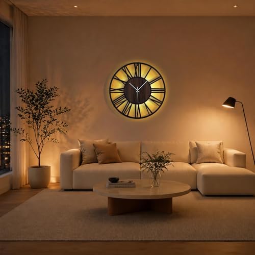 32Inch Large Lighted Wood Wall Clock Remote Control, Roman Numeral Modern Decorative Clock with Silent Movement, Battery Operated Clocks for Living Room Decor - Image 5