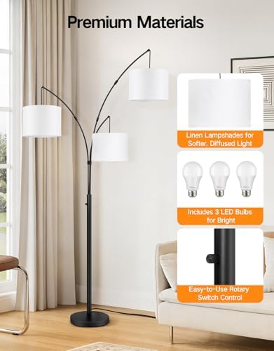 OUTON Arc Led Floor Lamp, Modern Black 3 Light Tall Floor Lamp for Bedroom, 2400lm Mid Century Adjustable Standing Corner Lamps for Living Room Office, 3 LED Bulbs Included, White Lampshade - Image 6