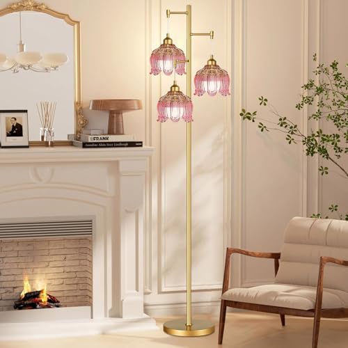 QIYIZM Pink Floor Lamp for Living Room,Bedroom,Gold Mid Century Modern Standing Lamp Brass Tree 3 Light Tall Floor Lamps Vintage Retro Floor Lights Glass Flower Lamp Shade Girls Kids Boho Bohemian - Image 3