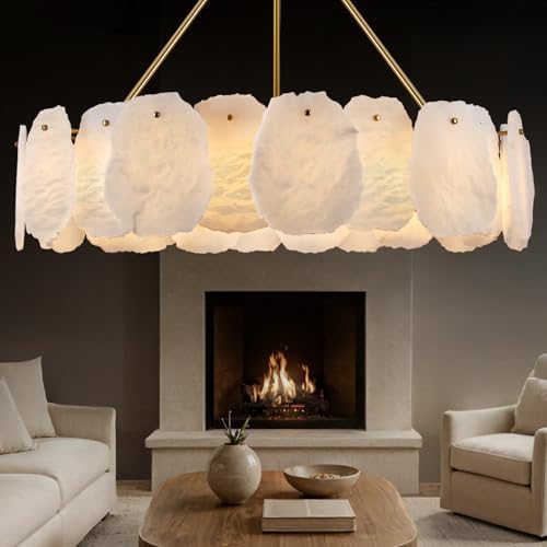 Round Alabaster Chandelier, 32in Spanish Marble Chandeliers for Dining Room, Alabaster Modern Chandeliers for Living Room, Adjustable Gold Chandelier for Bedroom, Bathroom, Kitchen, Foyer, Entryway by Sucelating