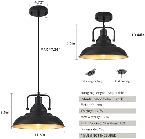 Black and Gold Pendant Light 12.5 inches 2 Packs, Farmhouse Pendant Light, Island Pendant Lights, Kitchen Island Pendant Lights, Pendant Lights Kitchen Island for Bedroom, Kitchen, Island - Image 6