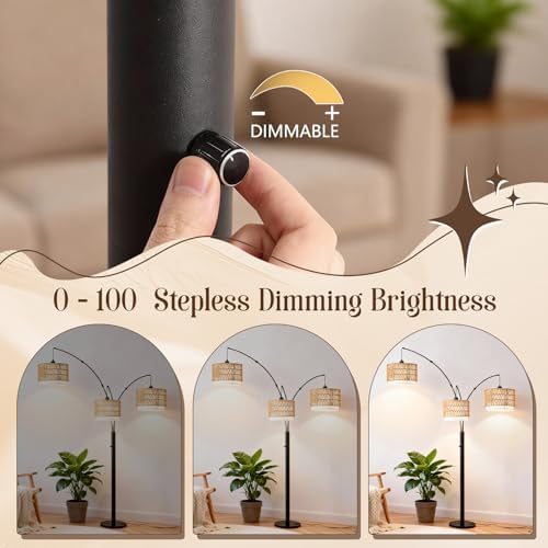 Black Arc Floor Lamp for Living Room, Boho Floor Lamp with Stepless Dimmable Switch, Rattan Standing Lamp with Wicker&Fabric Shade, Farmhouse Tall Lamp for Bedroom Over Couch Corner Reading - Image 2