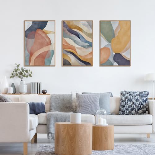 LHIUEM Large Abstract Neutral Framed Canvas Wall Art Set,Colorful Watercolor Block Wall Decor,Boho Geometric Illustrations Artwork for Living Room,Bedroom,Dining Room,Office - 24"x36"x3 - Image 2
