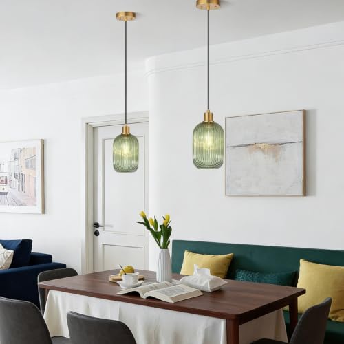 2 Pack Pendant Lights with Vintage Green Ribbed Glass Lampshade, Adjustable Brushed Gold Pendant Lights Fixtures for Kitchen Island Lighting Sink, Dining & Living Room Hallway (Bulbs Not Included) - Image 3