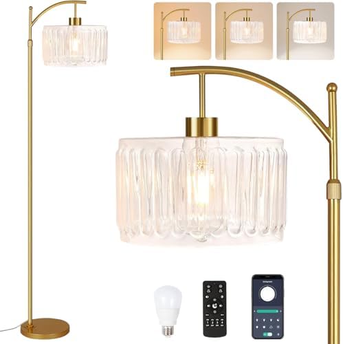 ILLMTW Glass Floor Lamp for Living Room,Bedroom,Gold Dimmable Standing Lamp with Remote,Brass White Tall Lamp Boho Mid Century Modern Floor Lamps Arc Floor Light Lamp Bohemian by IlluminateTheWorld