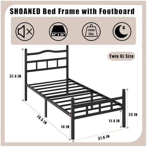 SHOANED Metal Bed Frame with Headboard & Footboard - 14 Inch Twin XL Size Heavy Duty Bedframe Black Basic Steel Slats Platform No Box Spring Needed/Easy Assembly/Noise Free - Image 2