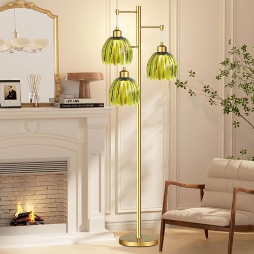 Vintage Floor Lamps for Living Room-3 Light Gold Floor Lamp with Three Bulbs & Glass Lampshape,Glass Mid Century Modern Standing Lamp Tree Tall Flower Floor Lamp for Bedroom Living Room,Corner - Image 7