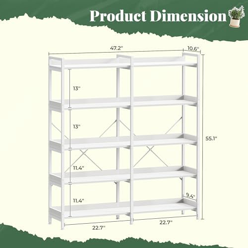 Huuger 5 Tier Bookshelf, Display Bookshelf with 10 Open Shelves and Raised Baffle, 47.2 Inch Straight Wide Bookcase with Metal Frame and Wooden Board, Adjustable Feet, White - Image 2