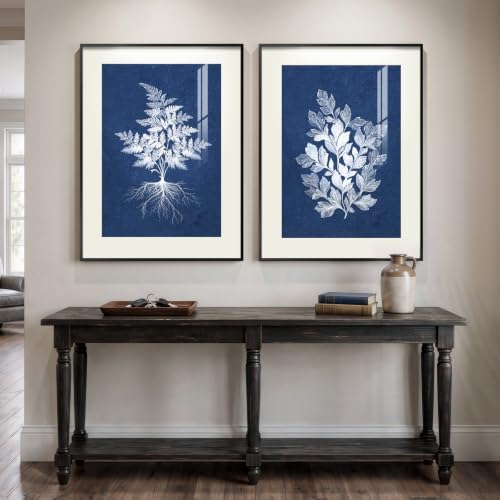 Large Framed Vintage Navy Blue Botanical Wall Art for Living Room, 2 Piece by Cuspin