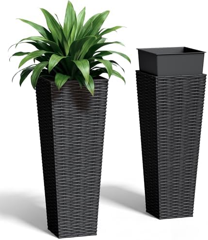 Greesum 23 Inch Tall Plastic Planters with Rattan Texture – Set of 2, Black by BuynowfromGreesum