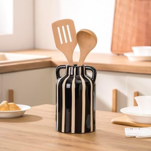 SURE YUESI Black Ceramic Vase with Handles, 9.1 Inch Striped Flower Vase for Halloween Decor, Modern Farmhouse Vase for Pampas Grass, Shelf Decor, Dining Table Centerpiece - Image 6