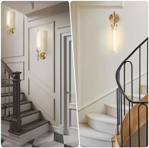 20" Knurled Brass Bathroom Wall Sconces,Frosted Glass Tube Brass Sconces Wall Lighting,Handmade Modern Hardwired Wall Sconce for Vanity,Mirror,Bedroom,Living Room,Hallway - Image 5